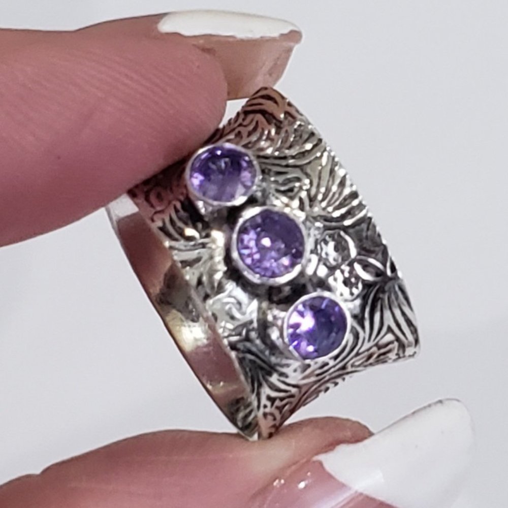 Amethyst ring, 925 silver amethyst ring, silver amethyst wide band ring - Picture 2 of 12